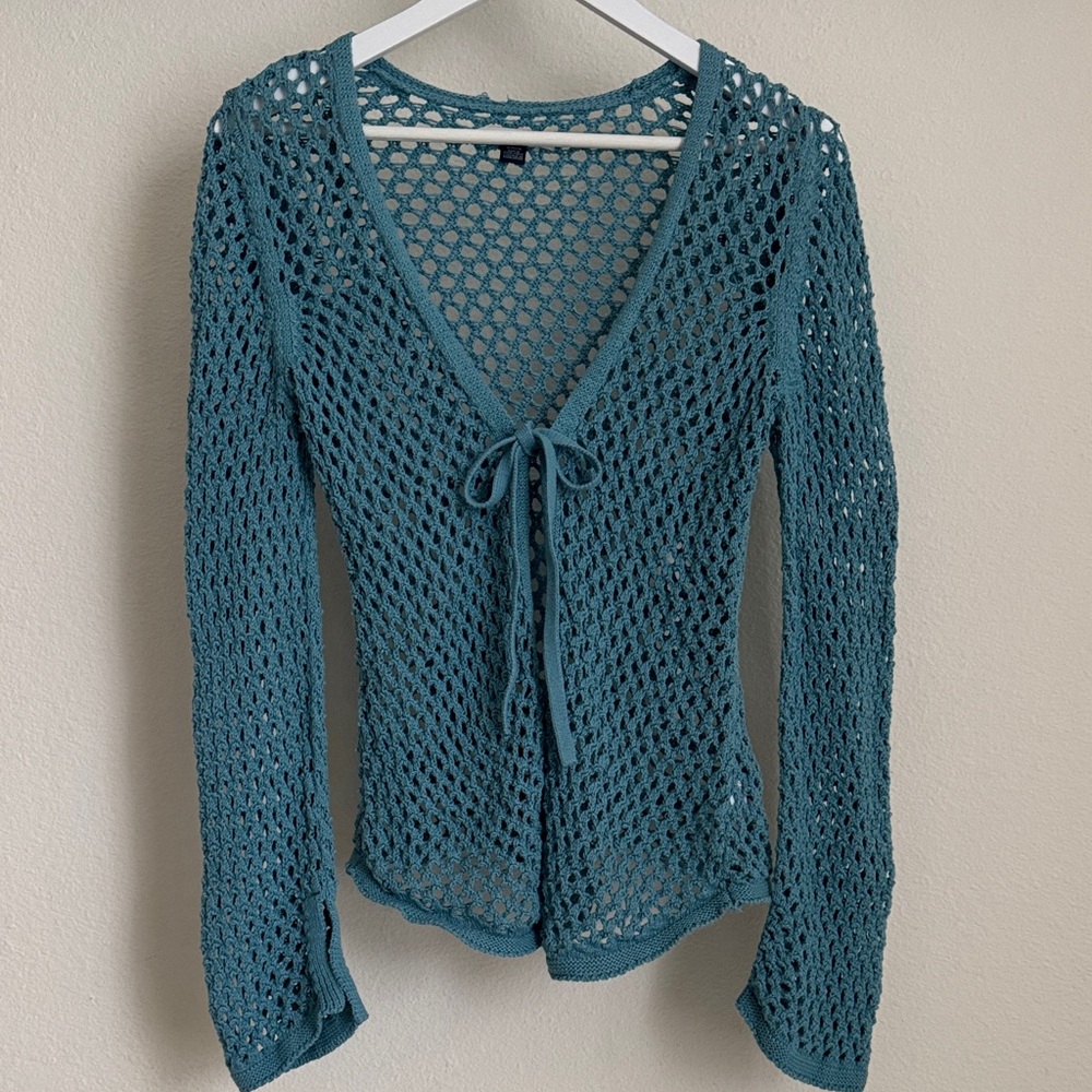 American Eagle Outfitters Teal Crochet Tie-Front Sweater S